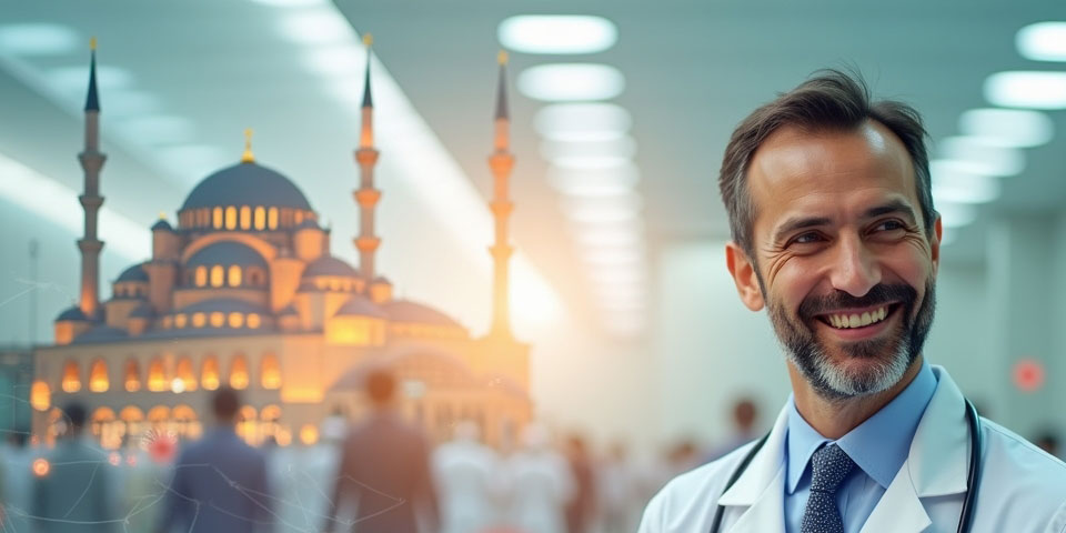 This image captures the essence of Turkey as a global hub for medical tourism. A modern hospital setting reflects the country's advanced healthcare infrastructure and international standards. The friendly interaction between the Turkish doctor and the international patient highlights trust and hospitality. In the background, iconic landmarks like Hagia Sophia and subtle cultural details emphasize Turkey’s unique blend of care and culture. From hair transplants to dental and eye treatments, Turkey offers a complete healing journey in a beautiful setting.